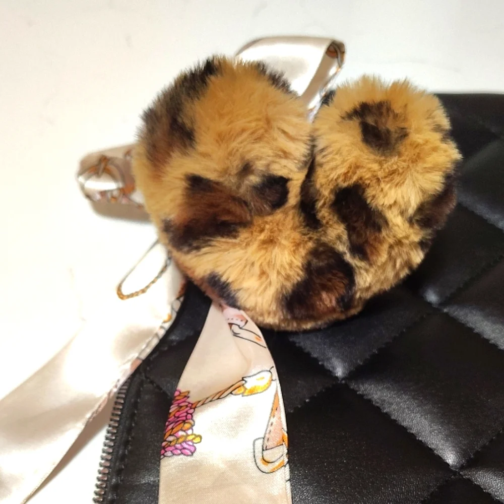 🆕2PC Leopard Heart Pom Pom Bag Charm/Key Ring with LUX Twill Satin Scarf